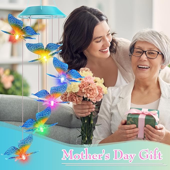 Solar Butterfly Gift for Mom Girls, Color Changing Wind Chimes for Outside, Solar Outdoor Decorative Mobile Lights for Garden, Yard, Patio, Window, Christmas Decorations, Gift for Women