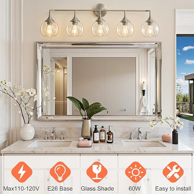 Bathroom Vanity Lights with Clear Glass Shade, E26 Base, Vanity Lighting Fixtures Over Mirror, 39 Inch Vanity Lights for Bathroom (Exclude E26 Bulb) (Brushed Nickel, 5-Lights)