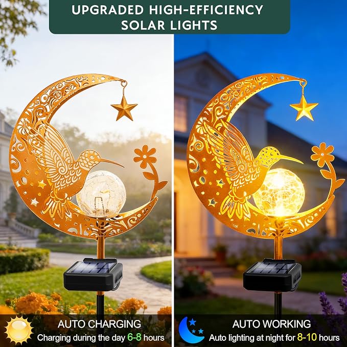 Solar Garden Decor Outdoor Statue, Moon Fairy Garden Figurines with Hummingbird Design for Mom Women Grandma Solar Stake Lights for Patio, Yard, Lawn, Pathway (Warm White)