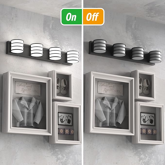 LED Bathroom Vanity Light - 28.4 Inch Black 4-Light Fixture with White Acrylic Shades, 6000K Cool White, Mirror Lighting for Bathroom, Bedroom, Hallway, Living Room Wall Sconce