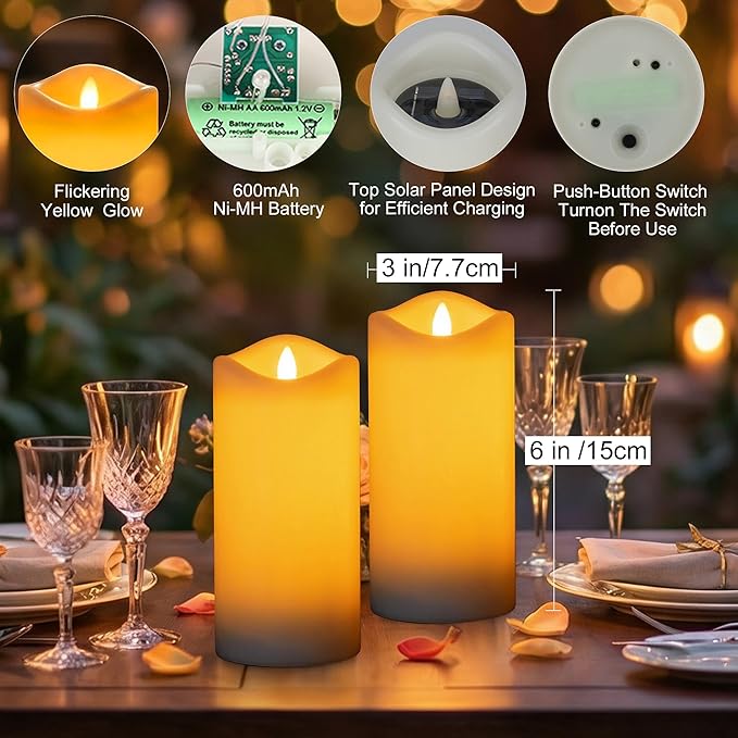 Livinlarge 4 Pack Outdoor Solar Powered Candles, 3"x6" Rechargeable Dusk to Dawn Lighting, Flameless Flickering Pillar LED Votive Candle, IP65 Waterproof for Patio Yard Deck Window Table Decor