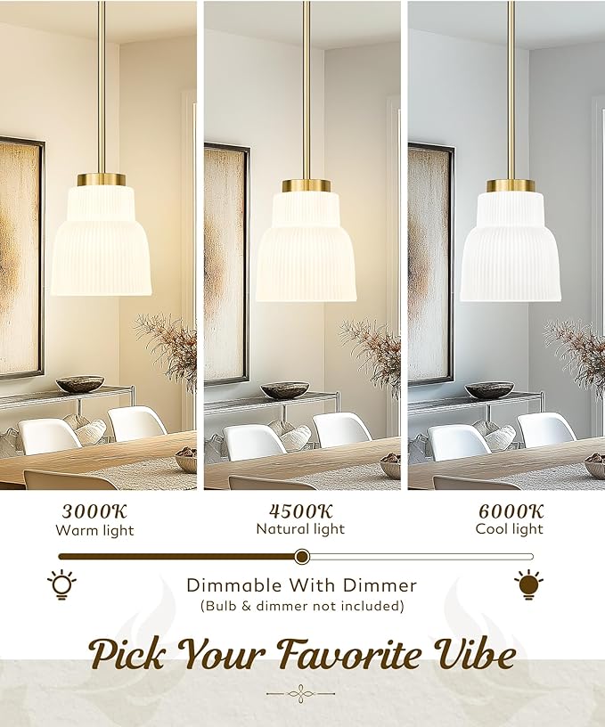 FEMILA 6.7" Kitchen Pendant Lighting Over Island, 3 Pack Brushed Gold Pendant Lighting, Milk Glass Hanging Light Fixtures for Bedroom Hotel Dining Room, 4FYD87MIL-3PK BG