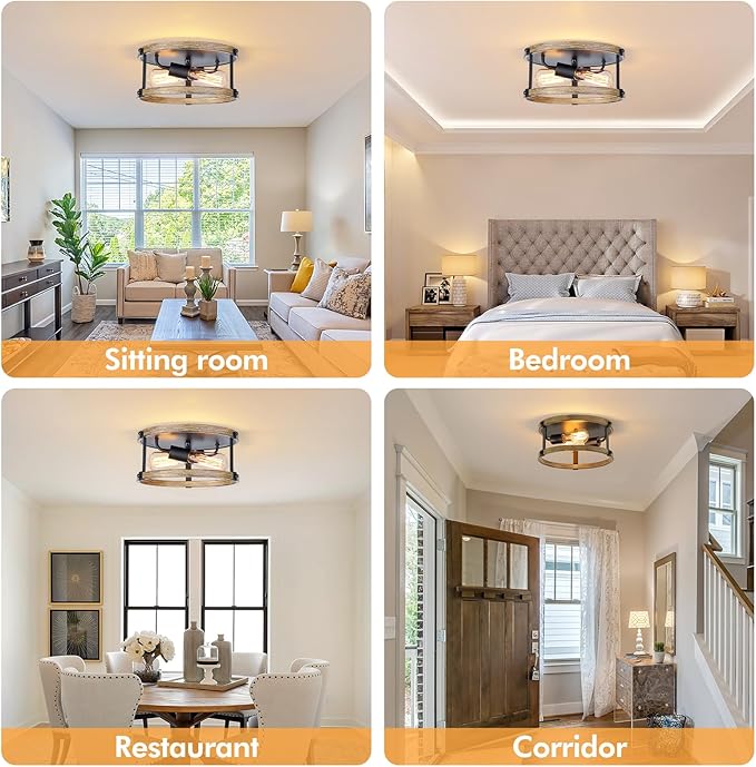 Farmhouse Flush Mount Ceiling Light Fixture, 12.5 Inch 2-Light Rustic Ceiling Mount Light Fixtures, Round Drum Brown Wood Finish Flush Mount Lights for Kitchen Bedroom Hallway Dining Room