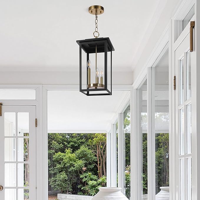 LamQee Large Outdoor Pendant Lights, 3-Lights Black and Gold Outdoor Chandelier Lighting Fixture, Modern Exterior Ceiling Hanging Lantern with Glass, for Porch Front Door Patio Gazebo Entryway Foyer