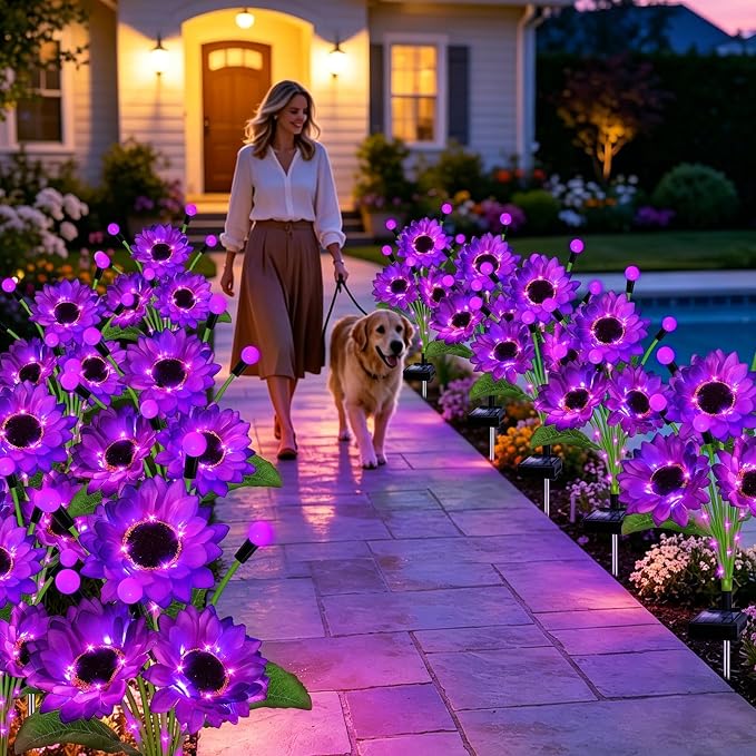 Kohlrabi 4 Pack Purple Solar Sunflowers with Swaying Firefly Lights, Gifts for Mom Women Mothers Day Birthday, Solar Garden Lights Waterproof Firefly Sunflower Light for Outdoor Patio Yard Decor