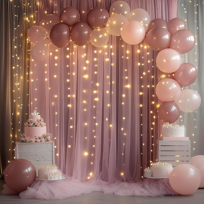 Tulle Backdrop Curtain with Lights String 10FT X 8FT Dusty Rose Sheer Tulle Backdrop Curtains for Wedding Birthday Party Reception Photo Booth Background Decorations (2 Panels 5x8FT)