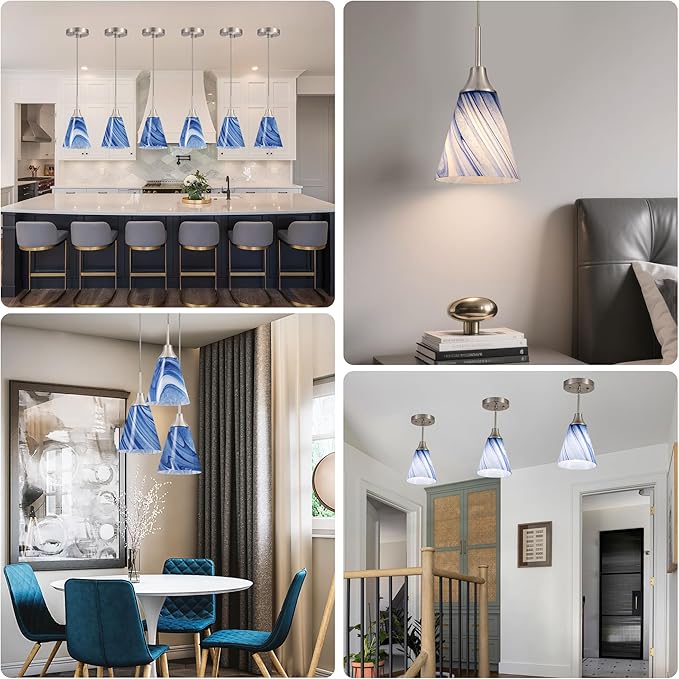 Viinew Mini Glass Pendant Light 1-Pack Dark Blue Marble Art Glass Pendant Lights Kitchen Island 5.9" Brushed Nickel Finish Hanging Light for Kitchen Over Sink,Dining Room,Foyer,Hallway
