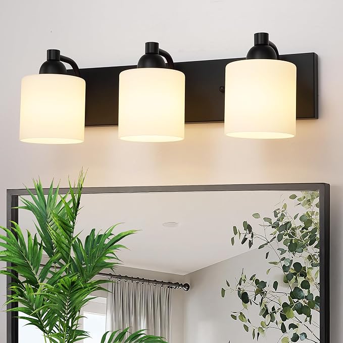 Mecgirn Milk Glass Vanity Lights for Bathroom, 3 Light Matte Black Bathroom Light Fixtures Over Mirror, Ceramic E26 Sockets Wall Mounted