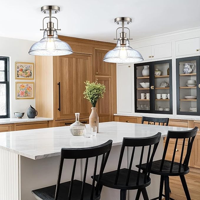 Zlepmlla Modern Flush Mount Ceiling Light Fixture, < Bulb NOT Included> Brushed Nickel Finished with Clear Glass Shade, Farmhouse Light Fixture for Kitchen Island Entryway Porch Foyer Dining Room
