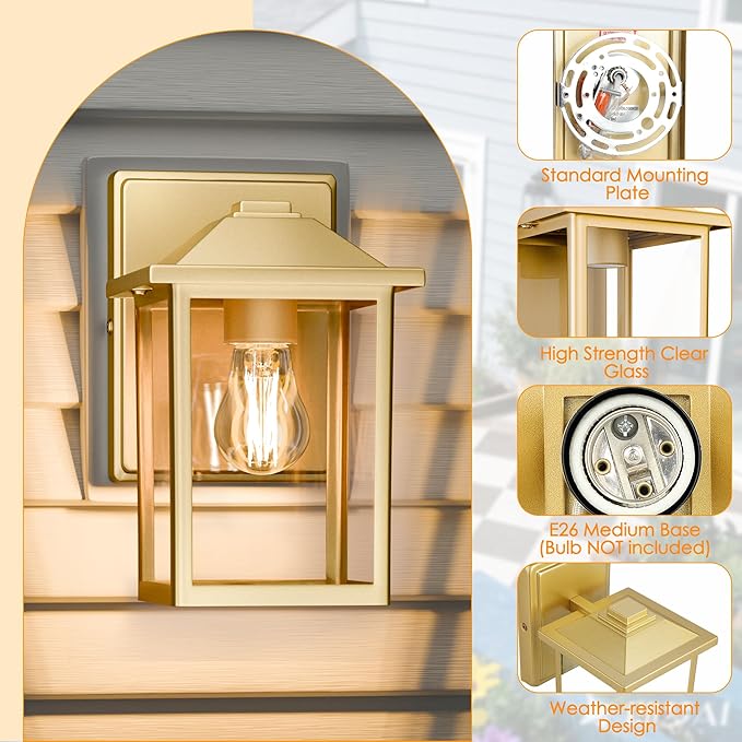 MATAMEYE Outdoor Wall Lantern, Exterior Waterproof Wall Sconce Light Fixture, Gold Front Door Mounted Lighting with Glass, Anti-Rust Porch Lamp