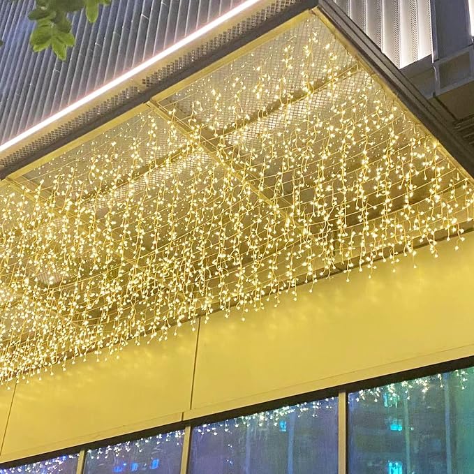LED Ceiling Icicle Lights, 16.4FT 112 LEDs 8 Modes Twinkle Christmas Hanging Fairy String Horizontal Curtain Lights for Parties Mall Patio Yard Indoor Outdoor Decoration Warm White, 5M04