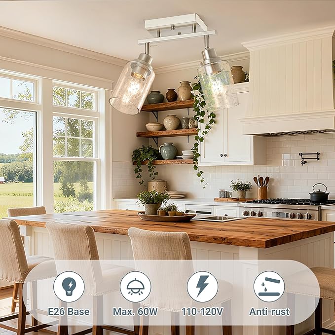 LOUSACE 2 Light Brushed Nickel Track Lighting, Kitchen Ceiling Mounted Light Fixtures Over Sink with Seeded Glass Shade, Flush Mount Wall/Ceiling Track Lighting for Kitchen Island Bathroom, E26 Base