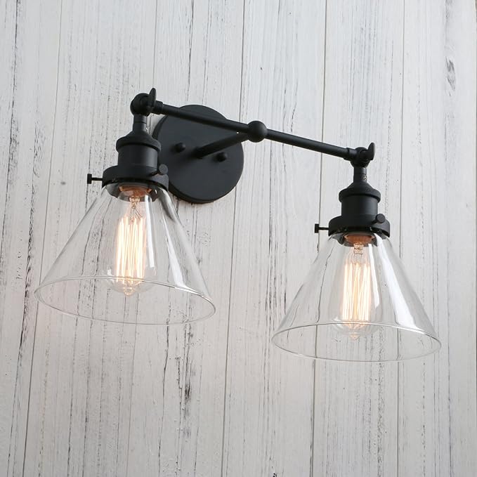PERMO Industrial Double Sconce 2-Lights Wall Sconces with Dual Funnel Clear Glass Shade Wall Sconce for Mirror Hallway Bedroom, Hardwired, E26 Base (Black)