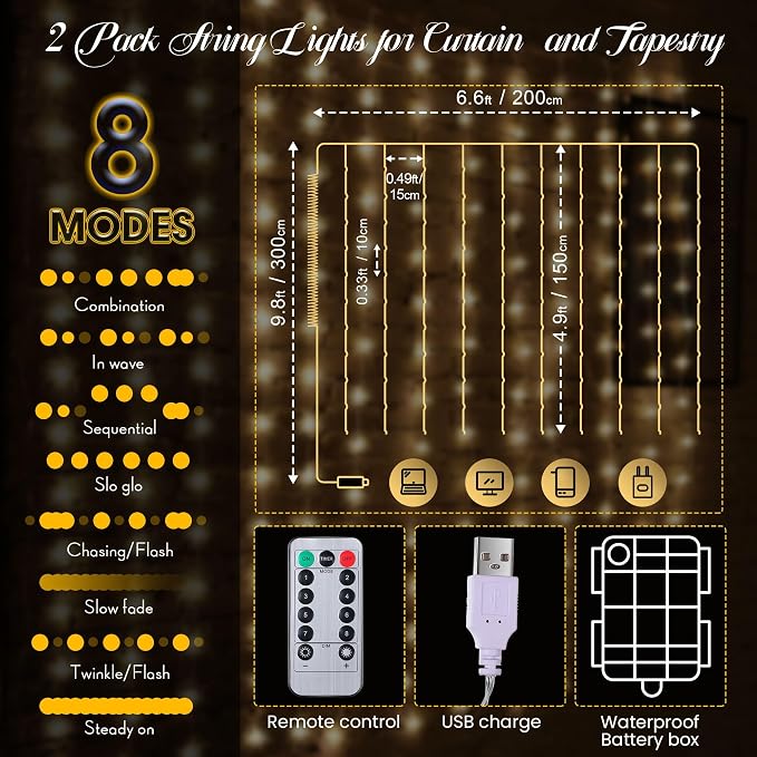 Tuanse 2 Pack 195 LED Curtain Tapestry Lights Backdrop String Lights, 6.5 x 5 Feet Hanging Fairy Curtain Light with 8 Lighting Modes and Remote for Bedroom Window Wall Indoor Outdoor Graduation Decor
