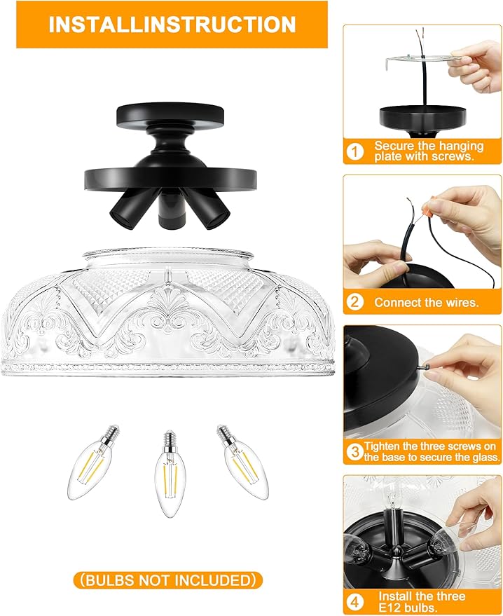 Semi Flush Mount Ceiling Light, 12 Inch Large Black Ceiling Light Fixture, 3-Light Globe Glass Industrial Kitchen Lighting Fixtures for Bathroom, Hallway, Dining Room (Bulb Not Included)