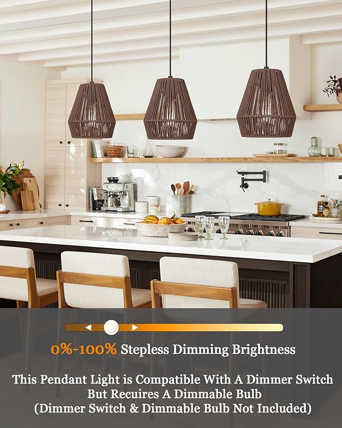 ELYONA Woven Pendant Lights 7” Rustic Rattan Hanging Lamp Adjustable Handwoven Basket Shade Boho Pendant Light Fixtures for Kitchen Island Dining Room Bedroom Farmhouse Bar Foyer Hallway Dark Brown