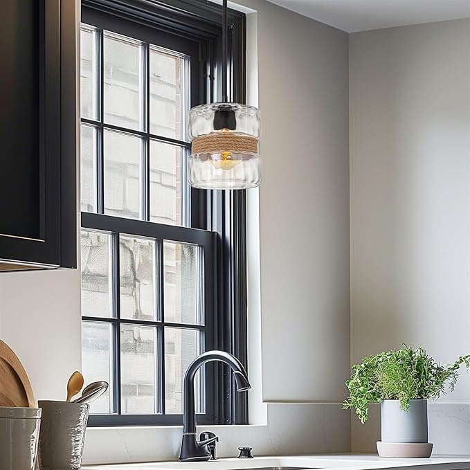 Kira Home Sage 10" Farmhouse Hammered Glass Pendant Light with Natural Rope Accent, Industrial Cylinder Glass Shade Hanging Light, Textured Black Finish