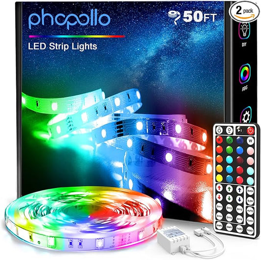 phopollo LED Lights for Bedroom 50FT, 5050 LED Strip Lights with 44 Key IR Remote Controller and 12V Power Supply for Home Decoration