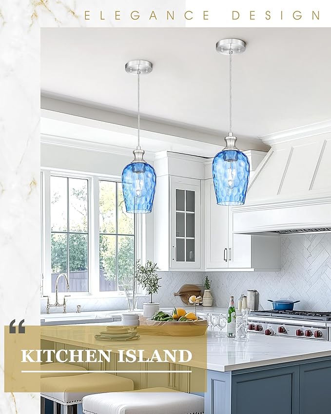 Pendant Lights Kitchen Island, Modern Brushed Nickel Hanging Lights Fixtures with Hand-Blown Hammered Blue Glass, Farmhouse Kitchen Island Lighting Over Sink, AD-24027-1P-SN-BL