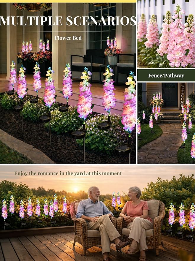 GIGALUMI Solar Lights Outdoor for Garden Decor, 2 Pack Solar Flower Lights Waterproof, 2 Lighting Modes Delphinium for Pathway,Yard, Patio, 4th of July Decoration, Gifts for Women (Pink)