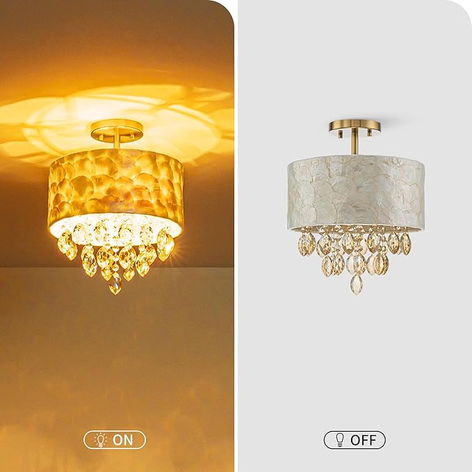 3-Light Capiz Shell Crystal Drum Ceiling Light, Coastal Style Close to Ceiling Light Fixture for Dining Room, Living Room & Bedroom, D12 * H14 inch, Champagne Crystal & Gold Finish