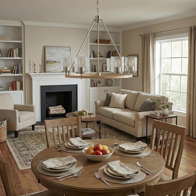 28.5" Wagon Wheel Chandelier, 6-Light Kitchen Chandelier with Wood Finish & Brushed Nickel, Modern Farmhouse Hanging Light Fixture for Dining Room, E26 Base, Bulb Not Included