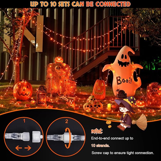 JMEXSUSS 2 Pack 100 LED Orange Halloween Lights Outdoor, 33ft Connectable Orange String Lights Indoor for Halloween with 8 Modes, Clear Wire Fall Lights Plug in for Thanksgiving Christmas Decorations