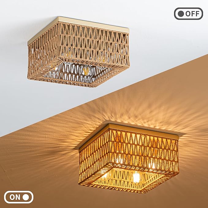 Rattan Ceiling Light, 4-Light Boho Light Fixture, Square Flush Mount Ceiling Light for Bedroom, Hallway, Entryway, Kitchen, Living Room