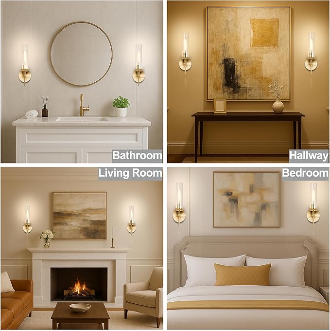 Gold Bathroom Light Fixtures Over Mirror, Hardwired Vanity Lights Set of 2 with Knurled Texture, Brushed Gold Wall Sconces with Clear Glass Shade, Modern Industrial Bathroom Lighting for Bedroom