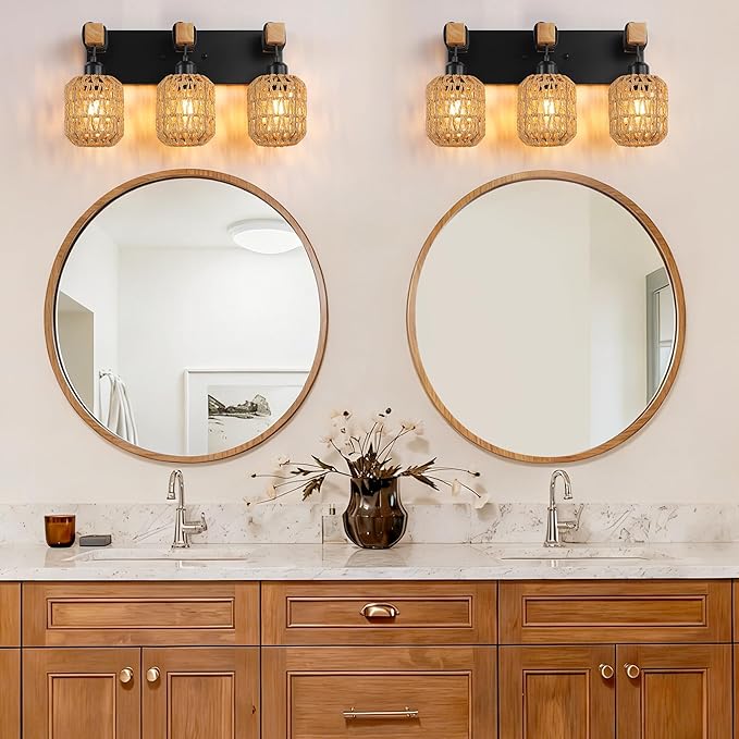 LmnLvn Farmhouse Bathroom Light Fixture, Boho Vanity Light, 3-Light Rattan Bathroom Light Fixture Over Mirror Rustic Vanity Lighting with Handwoven Shades, Suit for Restroom, Bedroom, Hallway