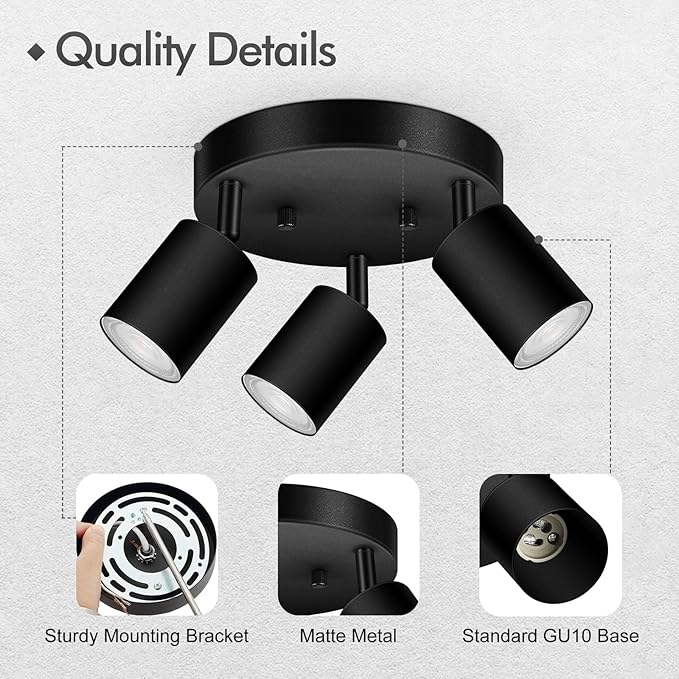 3 Light Track Lighting Fixtures Ceiling, Matte Black Round Directional Ceiling Spotlight, GU10 Flush Mount Ceiling/Wall Fixture, Adjustable Modern LED Track Light for Kitchen/Living Room, No Bulb