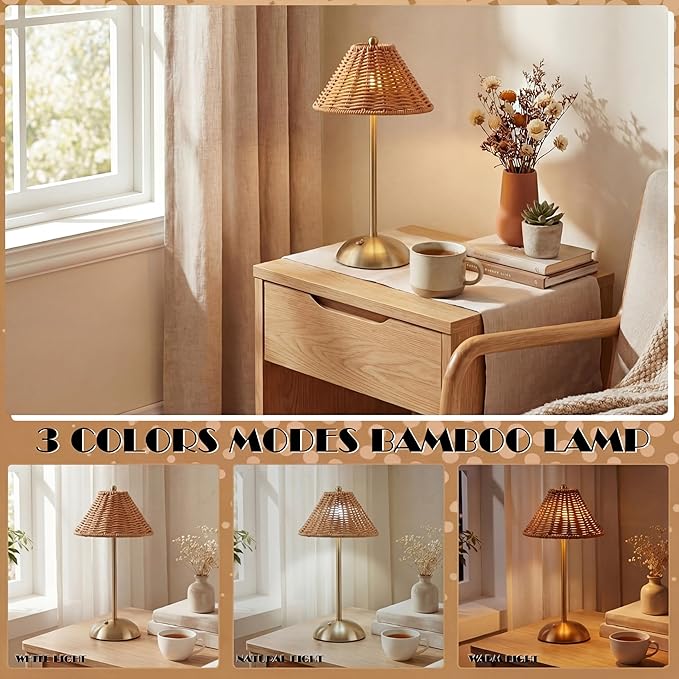2 Pack Wedding Rattan Bow Cordless Table Lamps Rechargeable, Wicker LED Desk Lamp, 3 Colors Smooth Dimming, Portable Table Decor with Bows for Dining