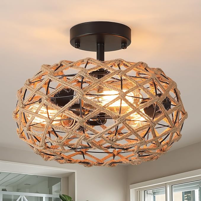 3-Light Coastal Woven Flush Mount Ceiling Light Fixture 13.38 inch Boho Rustic Handmade Hemp Rope Round Cage Semi Flush Mount Ceiling Light for Hallway Hall Entry Bedroom Farmhouse Beach, Black