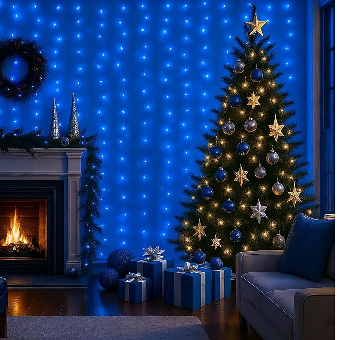DomeStar 300 LED Fairy Curtain Lights, 9.8ft x 9.8ft Waterproof String Hanging Lights with 8 Modes Remote, Plug‑in Design for Bedroom Patio Garden Party Wedding Wall Ambient Decor (Blue)