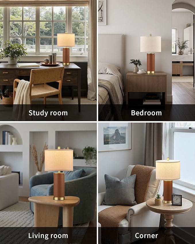 KDG 23.4" Brown PU Leather Table Lamps for Living Room Set of 2, E26 Socket LED Modern Home Decor Fabric Lampshade Desk Lamp Lighitng for Bedroom, Bedside, Farmhouse, Nightstand, Night Light
