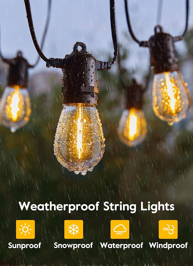 Minetom Solar Outdoor String Lights - 48Ft Patio Lights with 15+1 LED Shatterproof Bulbs, 3 Light Modes, Remote Control, Timing, Outside Weatherproof Hanging Lights for Backyard Party Decor