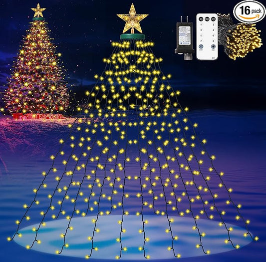 Christmas Lights with Star Topper, 410LED String Lights with Ring for Tree, 6.6FT x 16 Lines Fairy Lights with 8 Modes for Indoor Outdoor Xmas Decor, Warm White