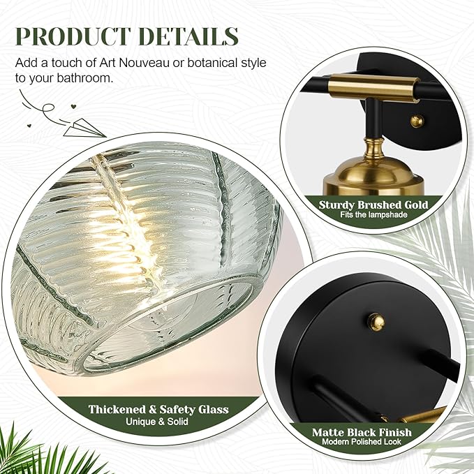 MOKATNG Bathroom Light Fixtures, 2-Light Green Vanity Lights with Unique Leaf Texture Glass Shade, Modern Matte Black and Gold Bathroom Wall Lamp for Mirror Hallway Cabinet Living Room