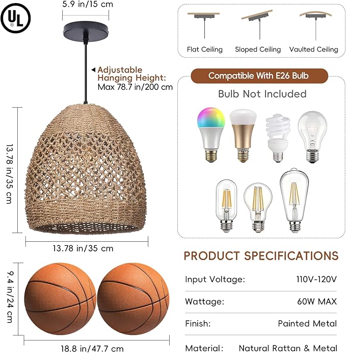 13.7" Boho Rattan Chandelier Light Fixture, 1-Light Hand Woven Coastal Ceiling Pendant Lights Kitchen Island Farmhouse Hanging Lamp for Dining Room, Bedroom, Living Room, Entryway, Foyer