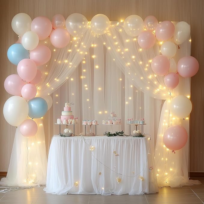 Tulle Backdrop Curtain with Lights String 10FT X 8FT Ivory Sheer Tulle Backdrop Curtains for Wedding Birthday Party Reception Photo Booth Background Decorations (2 Panels 5x8FT)