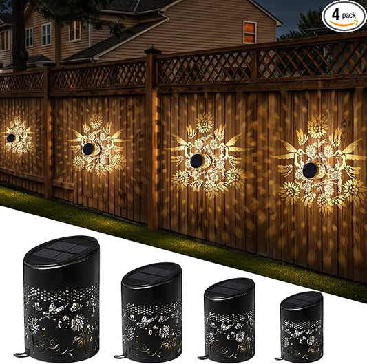 Solar Mandala Fence Lights Outdoor Decoration 4 Pack, Solar Wall Step Deck Lights Outdoor Garden Decor with Hummingbird Sunflower Theme for Yard Art Porch Patio Backyard Garden Decor