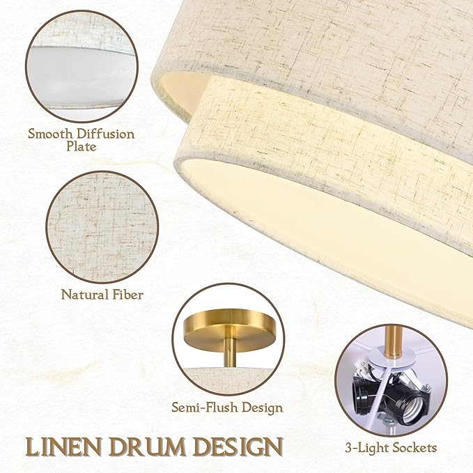 12.6 inch Flush Mount Ceiling Light Gold Close to Lights Fixture with 2-Layer Fabric Shade 3-Light Drum Modern Lights for Dining Room Bedroom Hallway