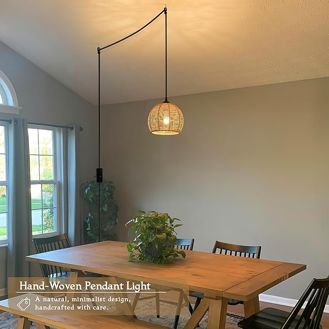 Plug in Mini Hemp Rope Woven Pendant Light Woven Light Fixture Boho Chandelier Wicker Pendant Lights Rattan Plug in Cord Hanging Lights Dome Wicker Chandelier for Bedroom (Bulb Incl.)