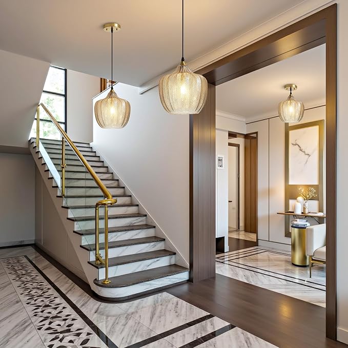 Modern Gold Pendant Light, Amber Glass Farmhouse Kitchen Island Pendant Light Fixture Adjustable Vintage Hanging Ceiling Light for Dining Room Corridor 9.45 inch 1 Pack, UL Certification