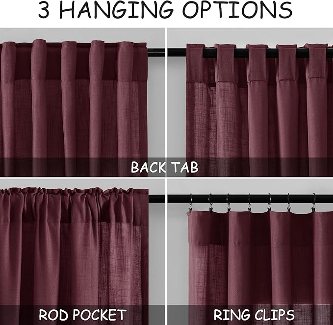 Nanspring Burgundy Linen Curtains 102 Inches Long Rod Pocket Back Tab Drapes 2 Panels Set for Living Room Bedroom Light Filtering Semi Sheer Burgundy Curtain 102 Length for Patio Door 52x102