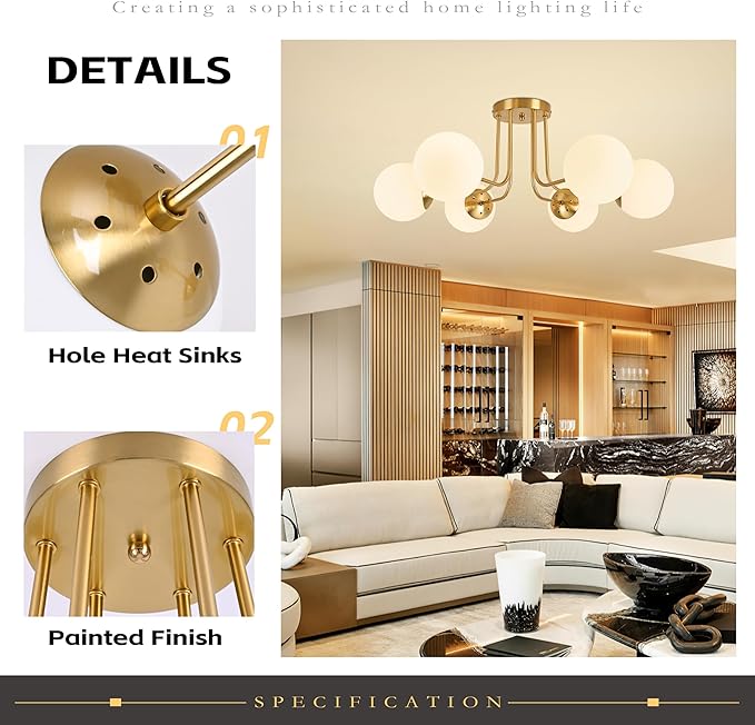 KoKo&Yukina 6-Light Mid Century Ceiling Light Modern Semi Flush Mount Ceiling Light Fixture Globe Ceiling Light with Milk Glass Shade Brushed Brass Finish for Bedroom Hallway Dining Room Living Room