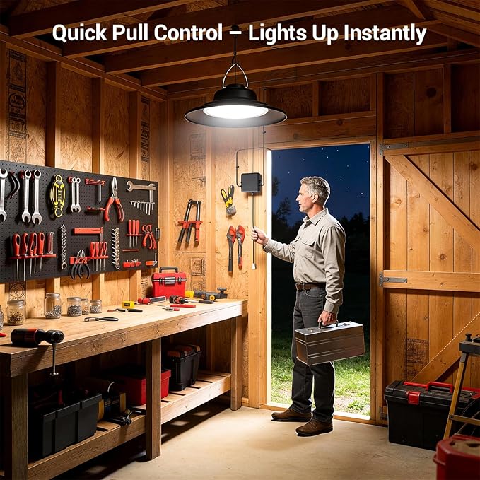 ropelux Solar Powered Shed Light Indoor Outdoor, 2000LM Daytime Available Pendant Light with Pull String, 2 Lighting Modes Solar Lights, IP65 Waterproof for Barn, Gazebo, Shop, Garage, Home (2Pack)
