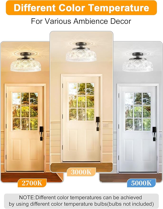Semi Flush Mount Ceiling Light, 12 Inch Large Bronze Ceiling Light Fixture, 3-Light Globe Glass Farmhouse Kitchen Lighting Fixtures for Bathroom, Hallway, Dining Room (Bulb Not Included)