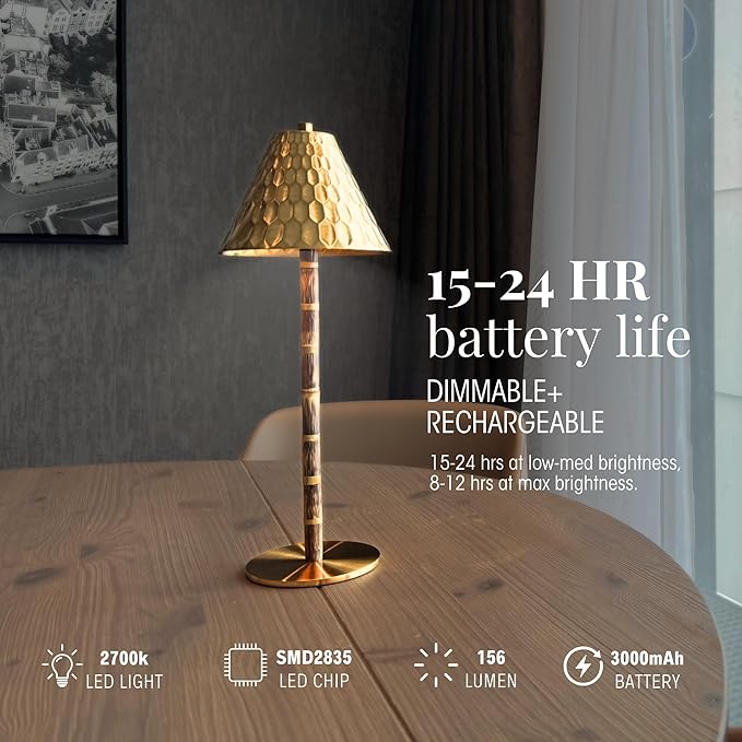 Bamboo Cordless LED Table Lamp – Rechargeable 24-Hour Battery, Dimmable Warm Light, 15" Portable Wireless Lamp with Remote for Indoor/Outdoor Use, Home, Patio, Restaurant – Textured Gold