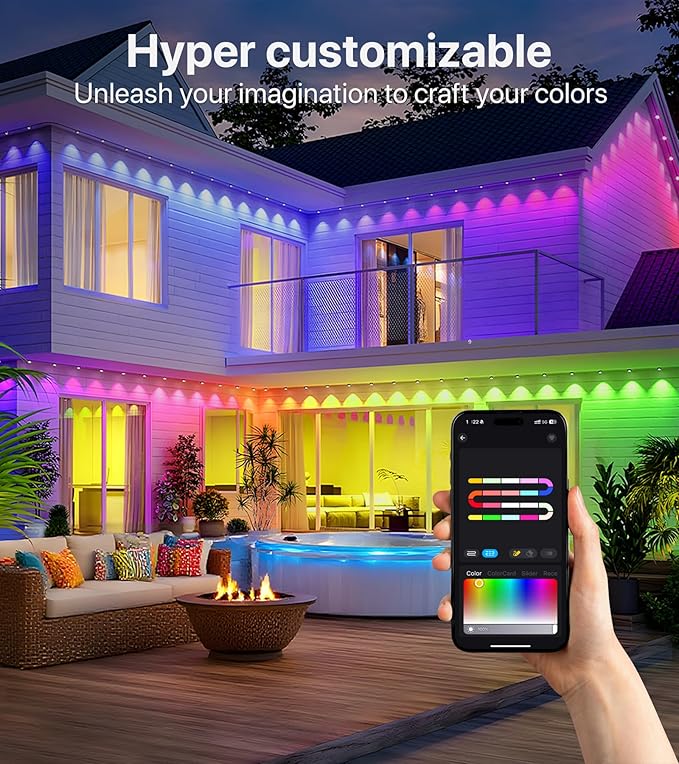 Permanent Outdoor Lights-200FT RGB+IC with Smart APP & Remote Control,120 LED Lights,72 Scene Modes, IP65 Waterproof String Lights for Christmas,Yard Decorations(Extension Cord Not Included)